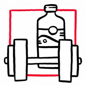 Illustration einer Kurzhantel und einer Trinkflasche als Symbol für einen Fitnessraum