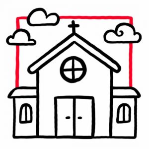 Illustration einer Kapelle mit Wolken als Symbol für Kapelle