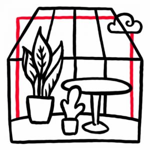 Illustration von Pflanzen in einem Glashäuschen und einer Wolke außen als Symbol für den Wintergarten