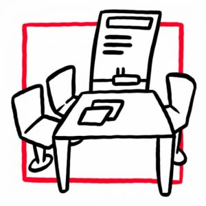 Illustration eines Tisches mit drei Stühlen und einer Tafel als Symbol für den Seminarraum