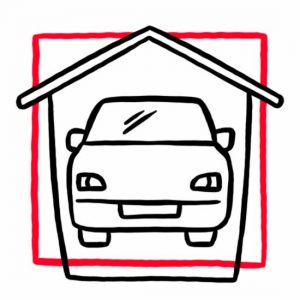 Illustration eines Autos in einem Häuschen als Symbol für die Garage
