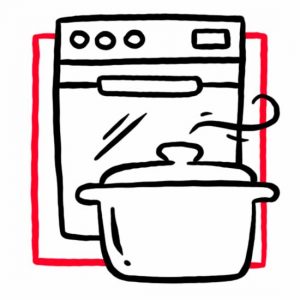 Illustration eines Herdes mit Kochtopf als Symbol für die Küche