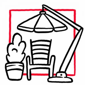 Illustration eines Sessels mit Topfpflanze und Sonnenschirm als Symbol für die Terrasse