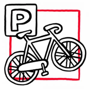 Illustration eines Fahrrades mit einem Schild auf dem ein "P" für "Parken" abgebildet ist als Symbol für den Fahrradraum